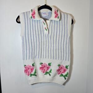 Vintage Flower Knit Sleeveless Sweater Collared Floral Grandma Cottage Size M